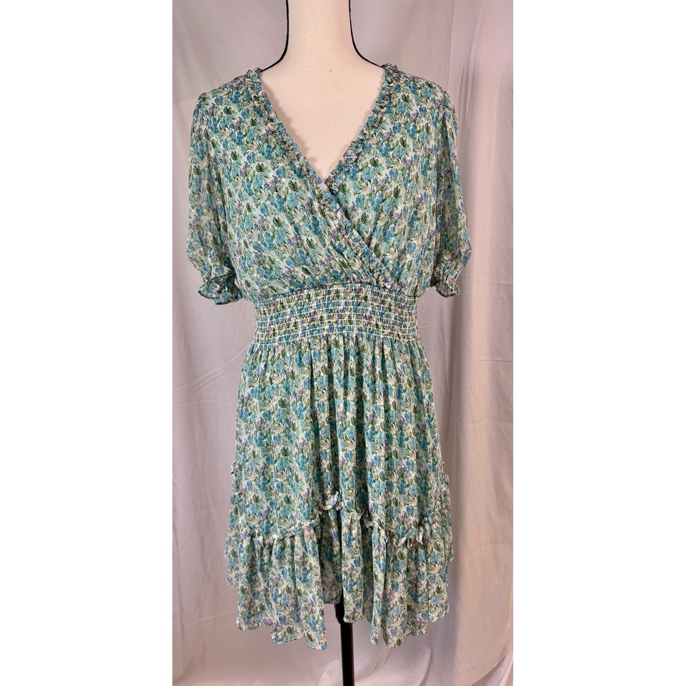 Taylor Blue Green Floral Mini Dress Womens 12  Excellent Smocked Ruffle V-Neck
